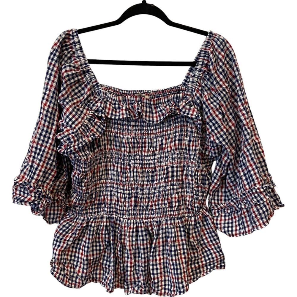 Romantic Gypsy Womens Blouse Plus 3X Multicolored Square Neck 3/4 Sleeve Smocked